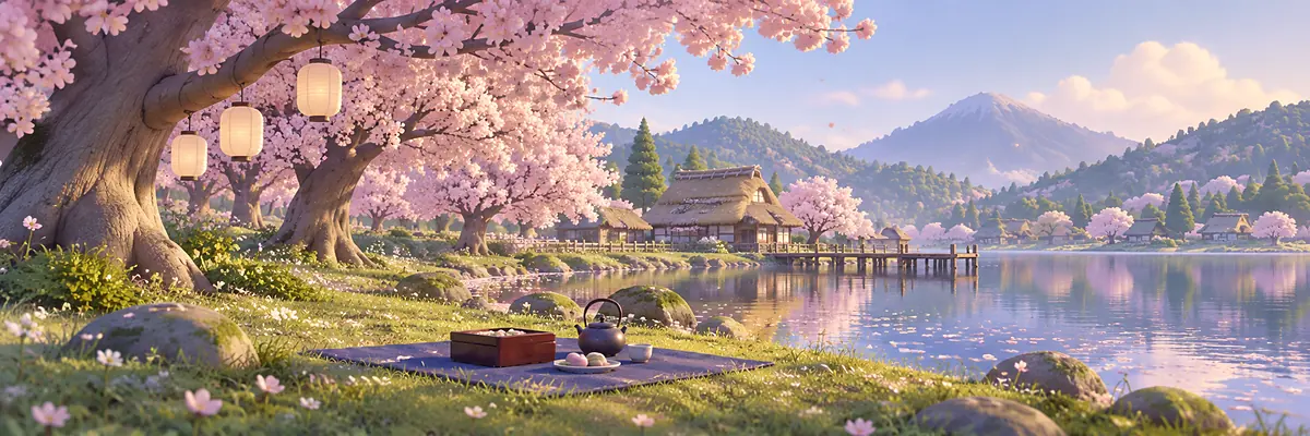 Festival banner for Hanami: a picnic mat under blossoming cherry trees by the lake, paper lanterns in the branches