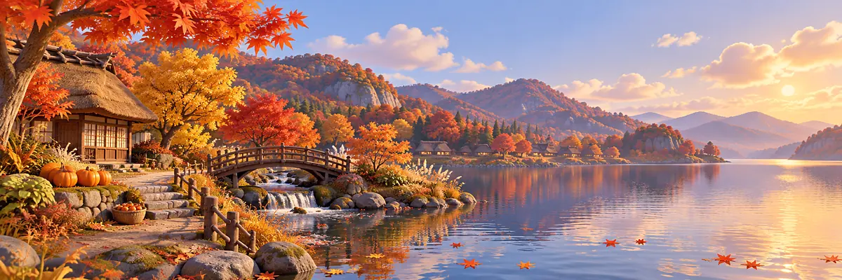 Festival banner for Momiji: red and golden maples around a tea house, a wooden bridge over a small waterfall