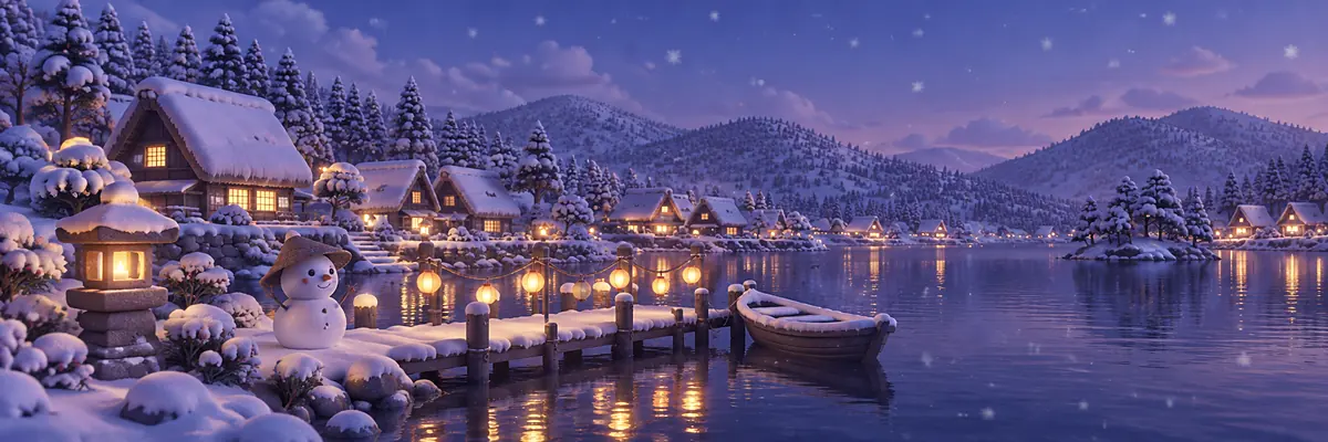 Festival banner for winter: snowy houses with warm windows, lanterns along the jetty and a snowman by the water