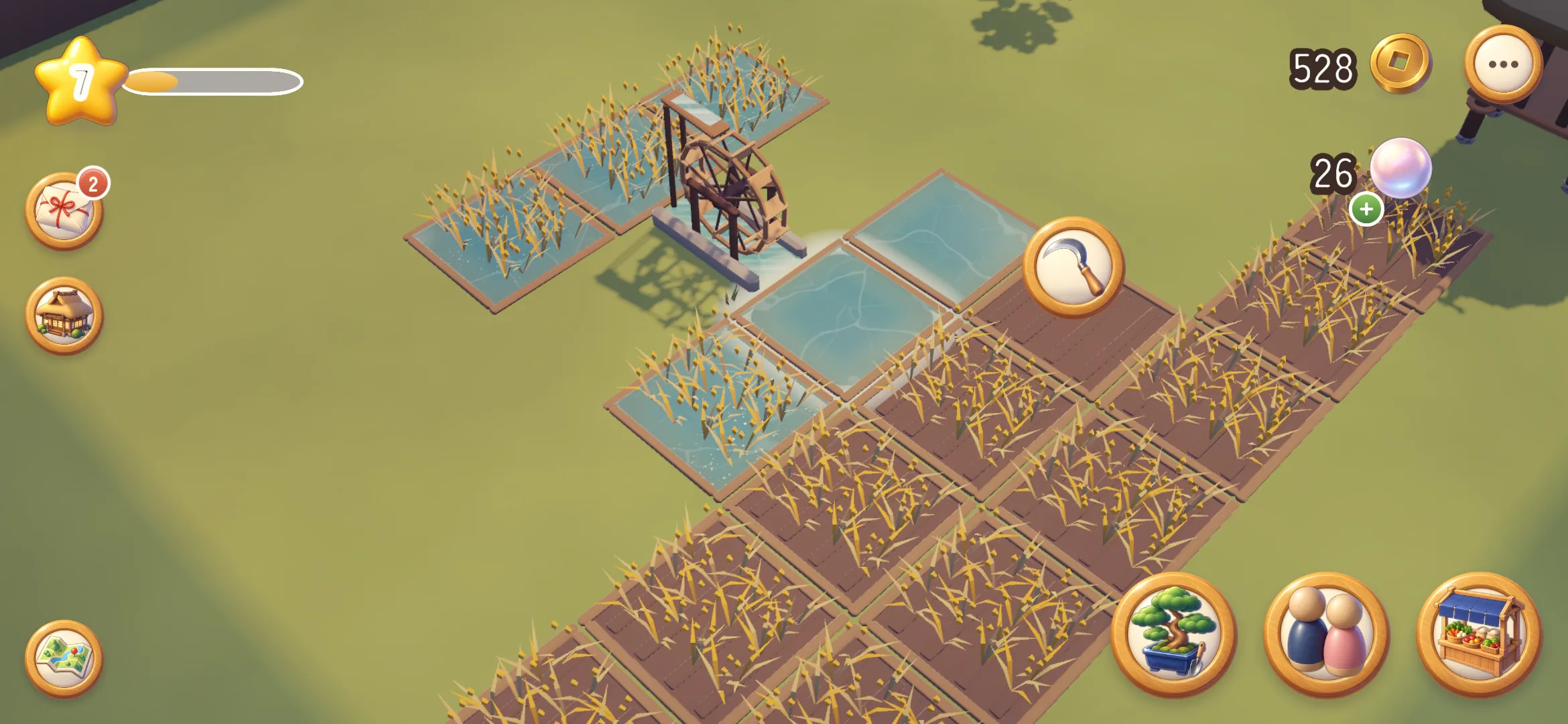 Screenshot: ripe rice on the terraces, the water wheel beside them and the sickle ready to swipe across the fields