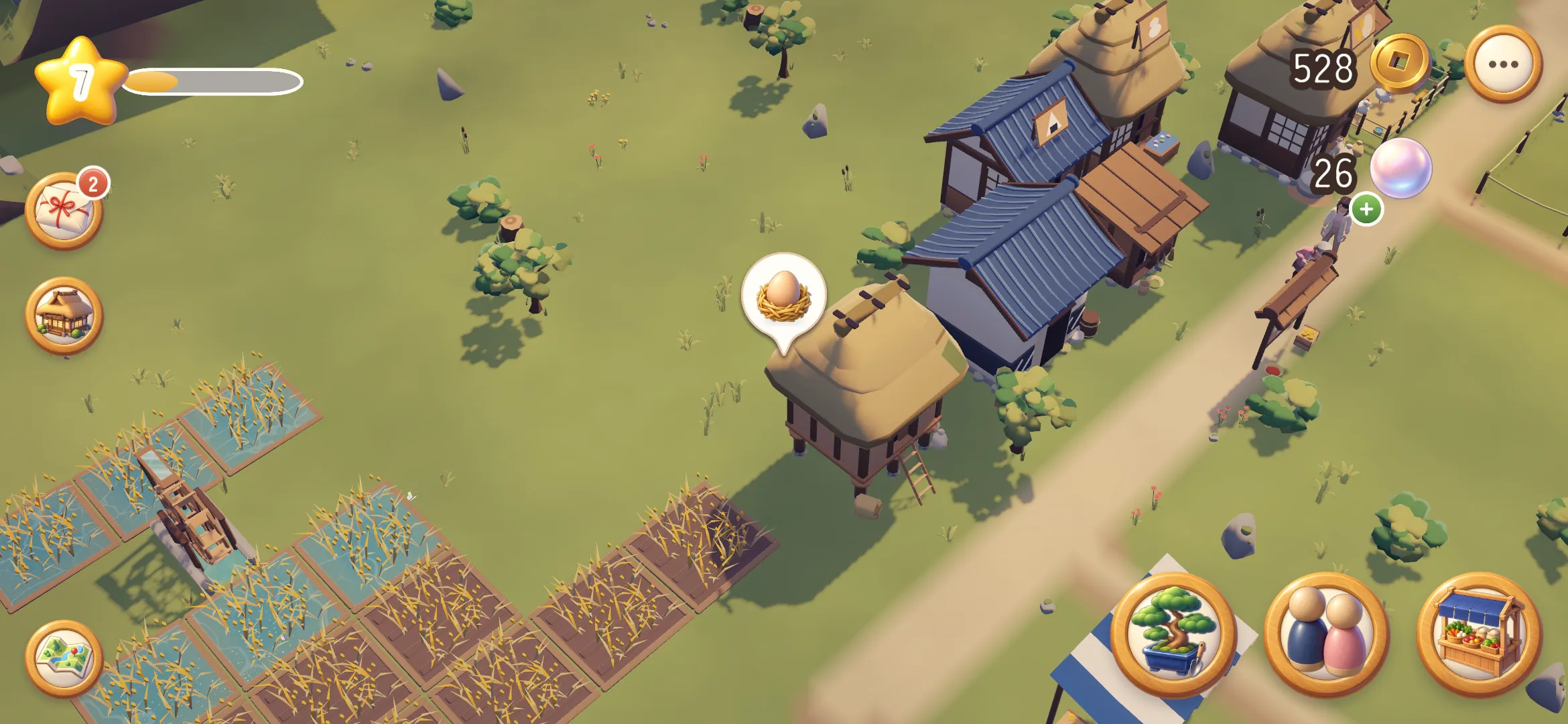 Screenshot: the village by day, with thatched and blue-tiled houses, rice terraces watered by a water wheel and a market stall by the path