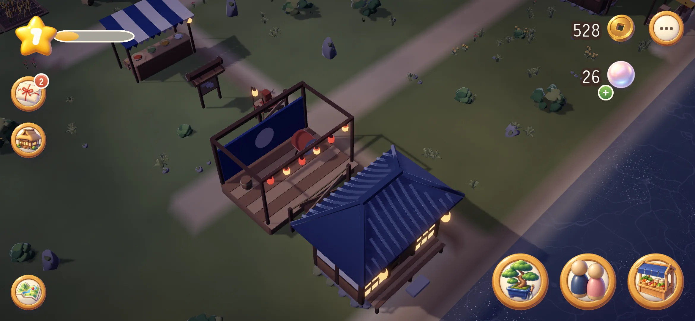 Screenshot: evening by the river, lanterns glow on a wooden stage and in the windows of a house