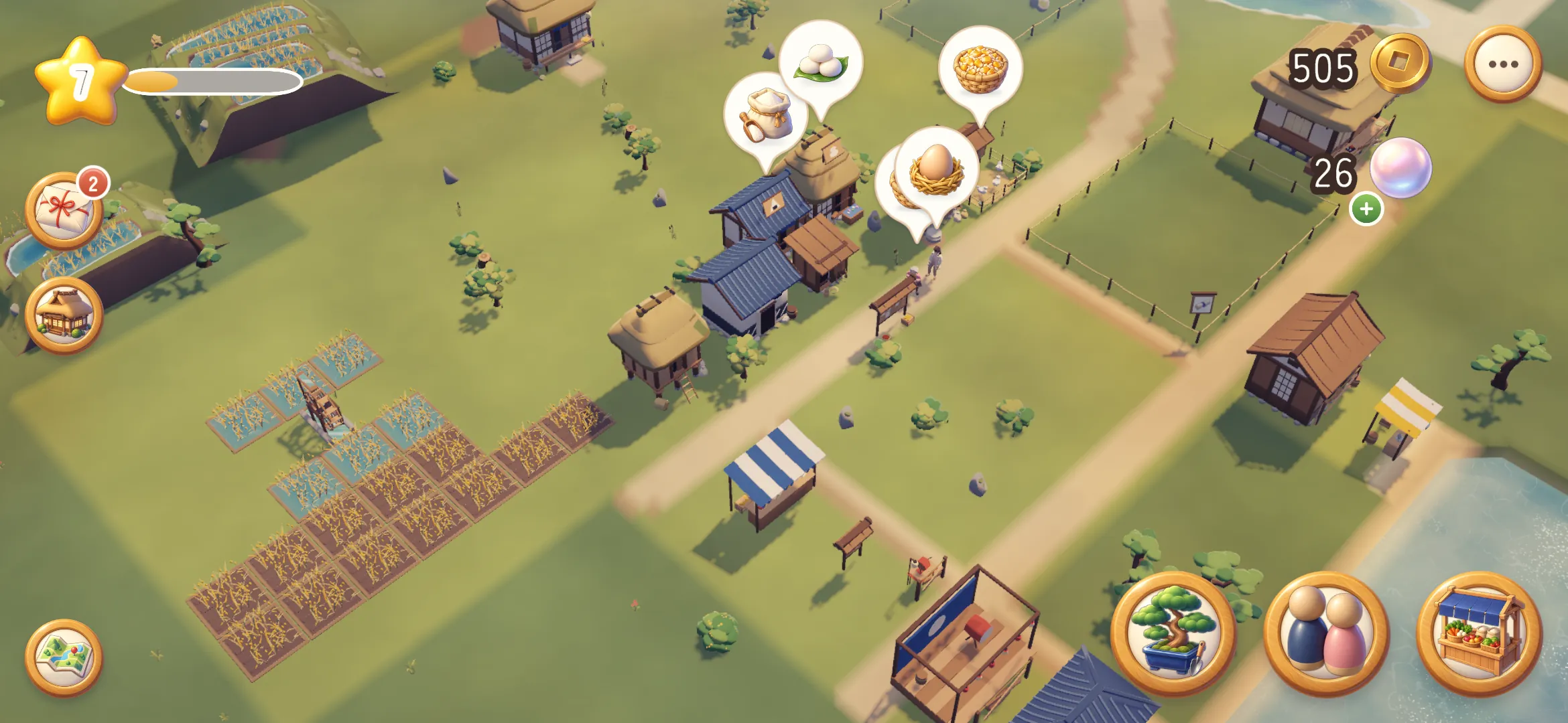 Screenshot: the village from above, with fields, houses, paths, the water and speech bubbles where villagers ask for goods