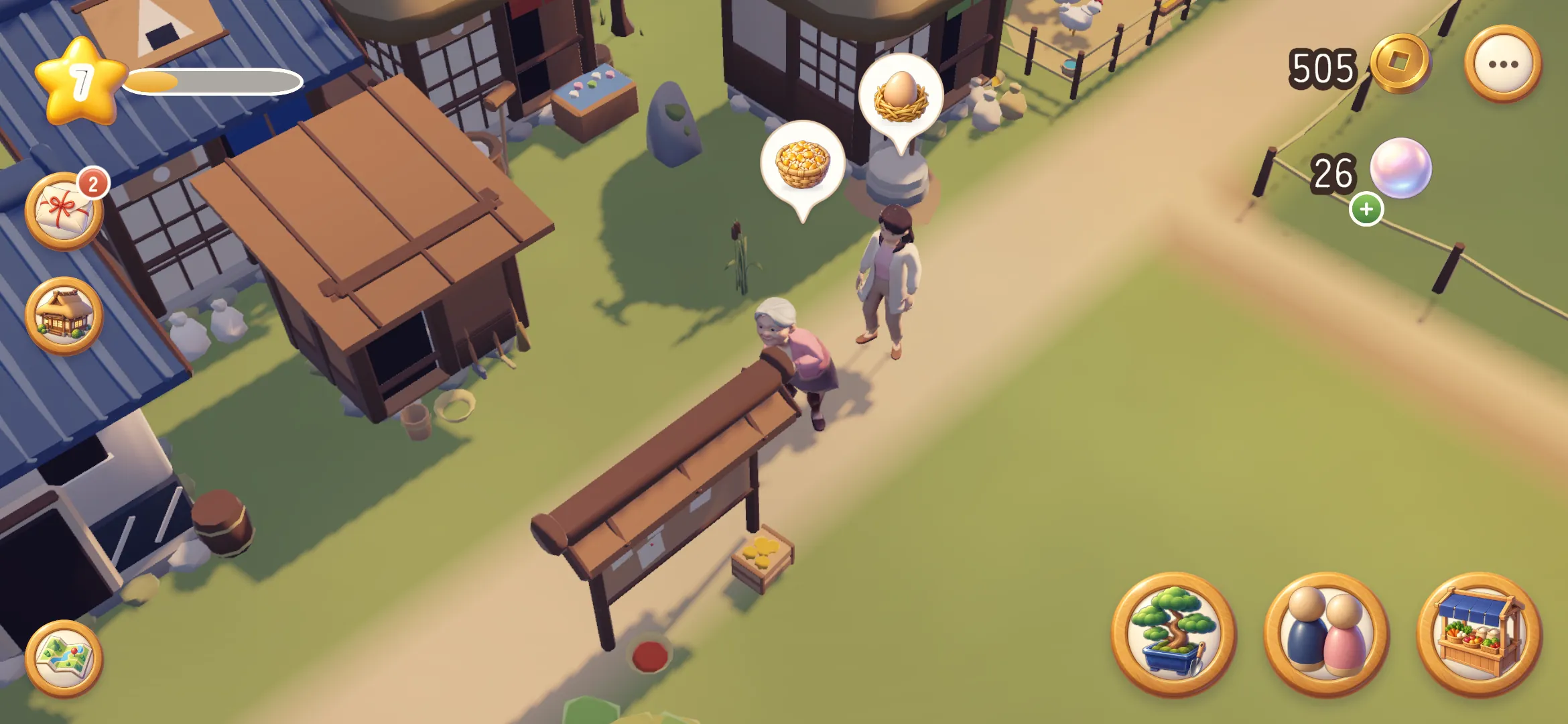 Screenshot: Grandma Satō and a neighbour by the courier board, speech bubbles show the goods they would like